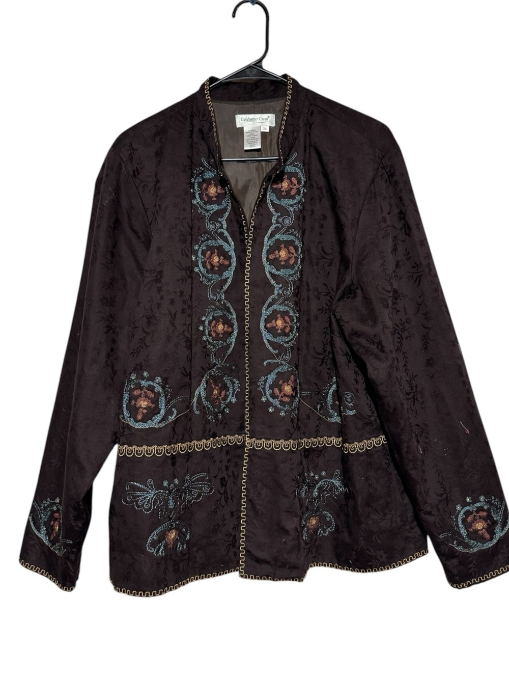 Coldwater Creek Embroidered Blazer Size 2X 100% Cotton Chocolate Brown Western